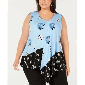 1091 NEW 1X Alfani PLUS SIZE Blue Floral Sleeveless V-Neck Blouse Top